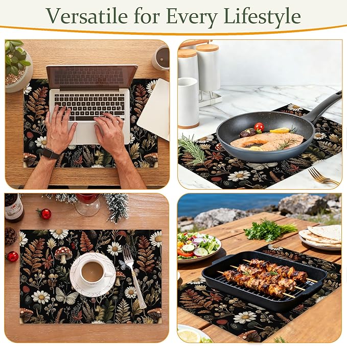 Cloth Placemats,Forest Mushroom Fabric Placemats Set of 6,Washable Rustic Herb Leaf Wildflower Table Mats,Decorative Place Mats for Dining Home Kitchen Holiday Party 11.8x17.7 Inch