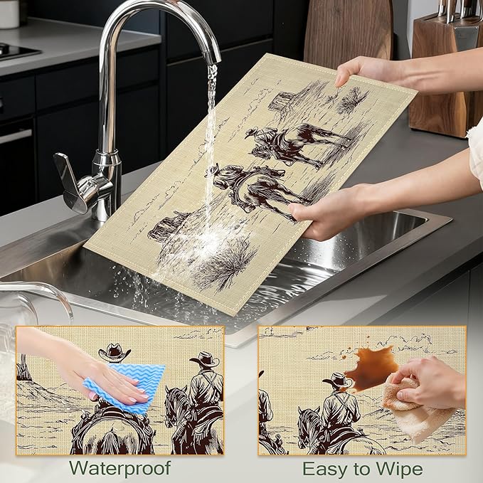 Cloth Placemats,Western Cow Boy Fabric Placemats Set of 6,Washable Retro Table Mats,Decorative Place Mats for Dining Home Kitchen Holiday Party 11.8x17.7 Inch