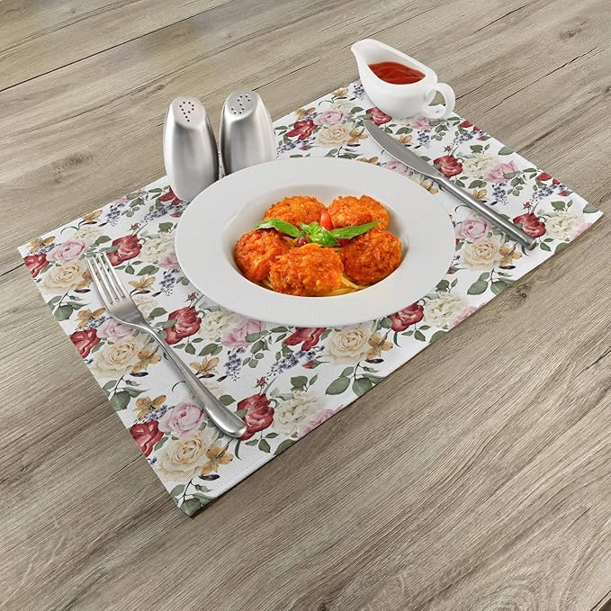 Ambesonne Shabby Flora Place Mats Set of 4, Summer Spring Season Buds Roses Lilacs Flowers Leaves Print, Washable Fabric Placemats for Dining Table, Standard Size, Pale Pink Cream