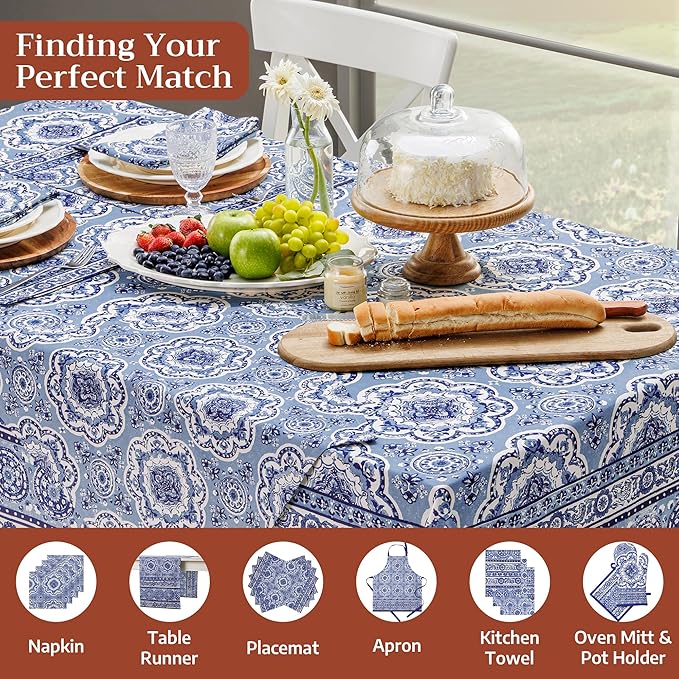Maison d' Hermine Table Cloth Rectangle Table 100% Cotton 60 x 90 Inches Tablecloth Reusable Decorative for Dining Room Farmhouse Home Valentines Day Decorations Spring Summer - Melodie Bleue