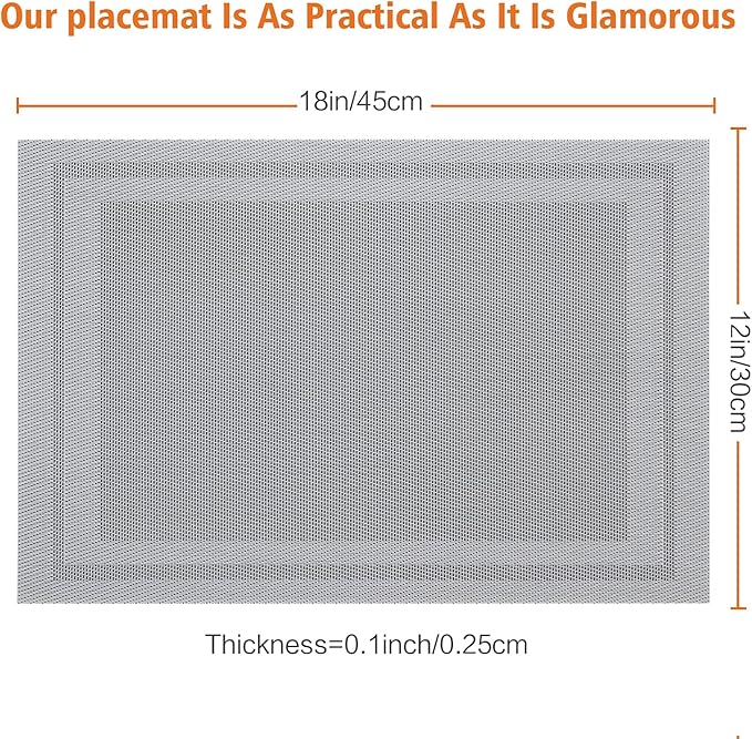 Placemats Set of 12,Washable,Heat and Stain Resistant Indoor/Outdoor Place mats,Vinyl Woven Non Slip Table Mats for Restaurant Table Protection,PVC Placemats(Gray,12PCS)