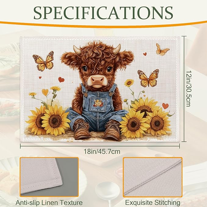 Cute Highland Cow Table Placemats Set of 6,Non-Slip Rustic Sunflower Butterfly Fabric Placemats for Dining Room Kitchen Party Holiday, Indoor Cloth Table Mats for Home Decor 11.8x17.7 Inch