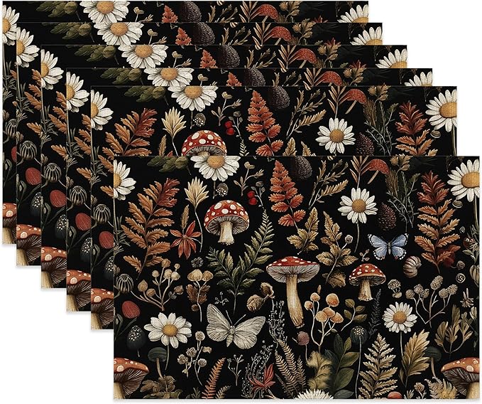 Cloth Placemats,Forest Mushroom Fabric Placemats Set of 6,Washable Rustic Herb Leaf Wildflower Table Mats,Decorative Place Mats for Dining Home Kitchen Holiday Party 11.8x17.7 Inch