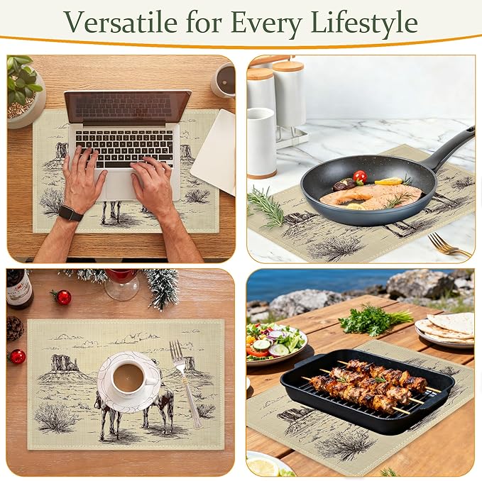 Cloth Placemats,Western Cow Boy Fabric Placemats Set of 6,Washable Retro Table Mats,Decorative Place Mats for Dining Home Kitchen Holiday Party 11.8x17.7 Inch