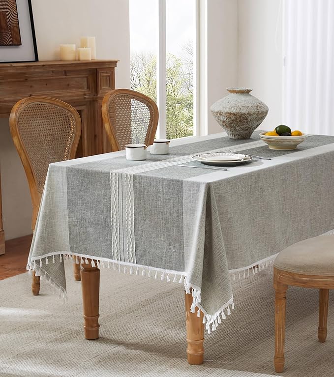 ZeeMart Contrast Linen Table Cloth Rectangle Table Cloths 60x104 Inch Mid-Stripe Grey, Farmhouse Style Heavy Weight Grey Tablecloth, Water Resistant Burlap Tablecloths