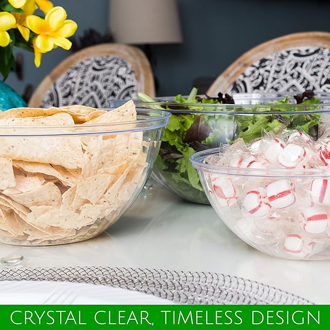 PLASTICPRO Disposable 96 Ounce Round Crystal Clear Plastic Serving Bowls, Party Snack or Salad Bowl, Chip Bowls, Snack Bowls, Candy Dish, Salad Container Pack of 4