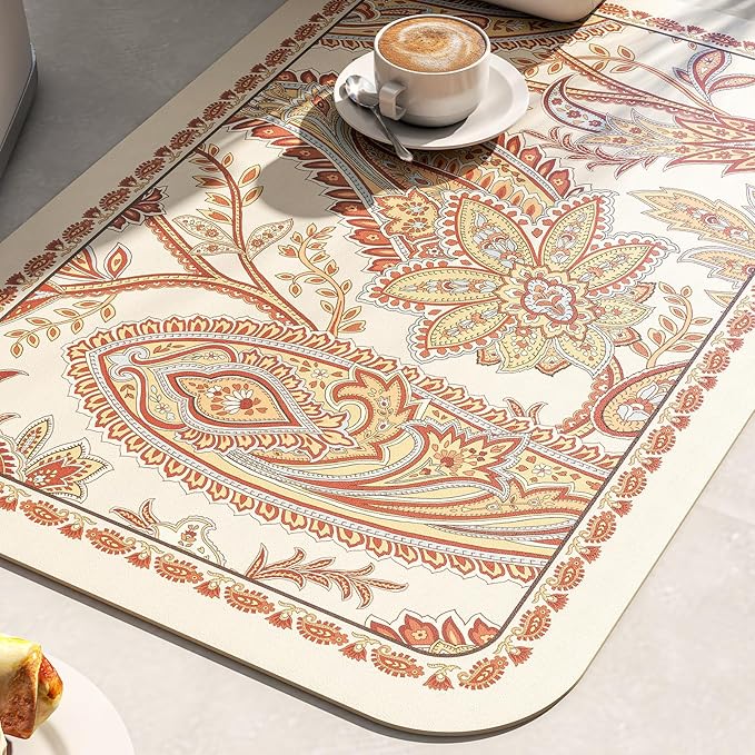 ISAENNE Designer Paisley PVC Placemats Set of 6,Classic Pattern Yelllow Rectangular Placemat, Waterproof and Heat-Resistant Paisley Style, Decoration for Kitchen, Party,Dinning,New Year,12"*17"