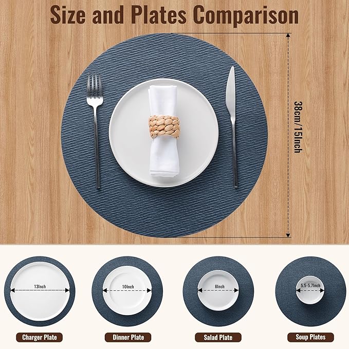 Jovono 15" Faux Leather Big Round Placemats Set of 8 - Washable Heat Resistant Non-Slip Dining Table Mats with Fabric Texture for Kitchen Home Party Decor, Blue