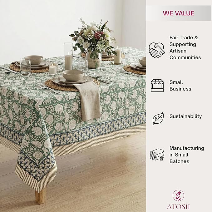 ATOSII Jade 100% Cotton Rectangle Boho Fall Tablecloth, Handblock Floral Table Cloth Linen for Kitchen Dining I Parties Wedding Outdoors Christmas Thanksgiving I 72 X 140 Inches I 12 Seater