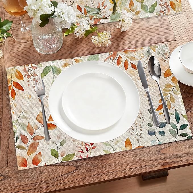 Fall Leaves Fabric Placemats,Autumn Watercolor Leaf Table Placemats Set of 6 Cloth Place Mats, Washable Heat-Resistant Table Mats for Home Kitchen Dining Room Decoration 11.8x17.7 Inch
