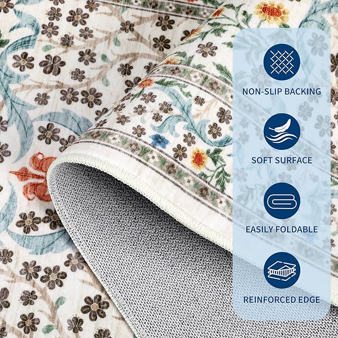 GarveeHome Floral Area Rugs 5x7, Washable Rug for Living Room, Bedroom, Low Pile Non Slip Stain Resistance Indoor Boho Carpet Mat for Farmhouse, Dining Room, Office, Beige