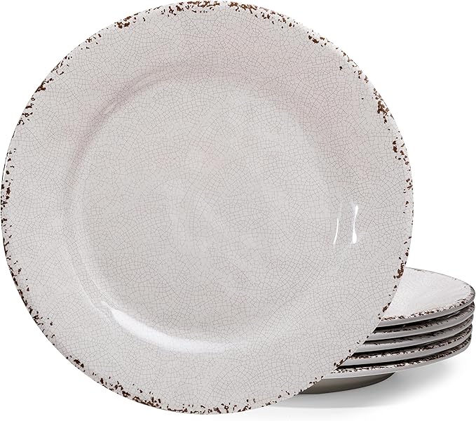 Classic Vintage White Melamine Dinner Plate Set, 11-inch Lightweight Round Kitchen Plates Set for Salad, Pasta –Unbreakable RV, Camping Dining Serving Dishes for Parties, Set of 6…
