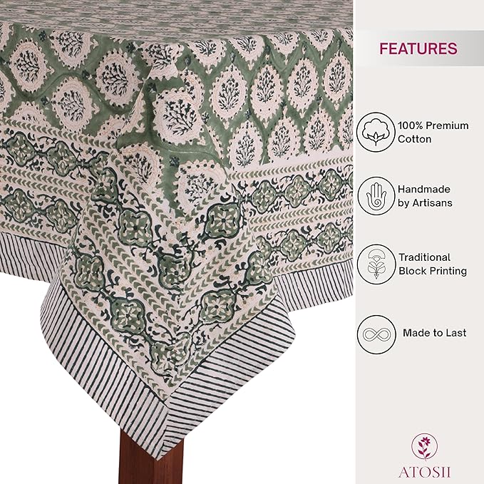 ATOSII Kari Green 100% Cotton Rectangle Boho Summer Tablecloth, Block Print Floral Table Cloth Linen for Dining, Parties, Wedding, Outdoors Home Decor 60 X 108 Inches I 8 Seater I