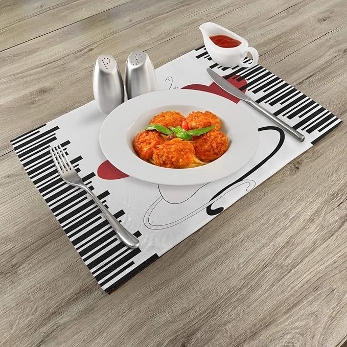 Ambesonne Cats Place Mats Set of 4, Romantic Kittens Pets Couple 2 Tails Hearts and Black Stripes Animals in Love, Washable Fabric Placemats for Dining Table, Standard Size, White and Black
