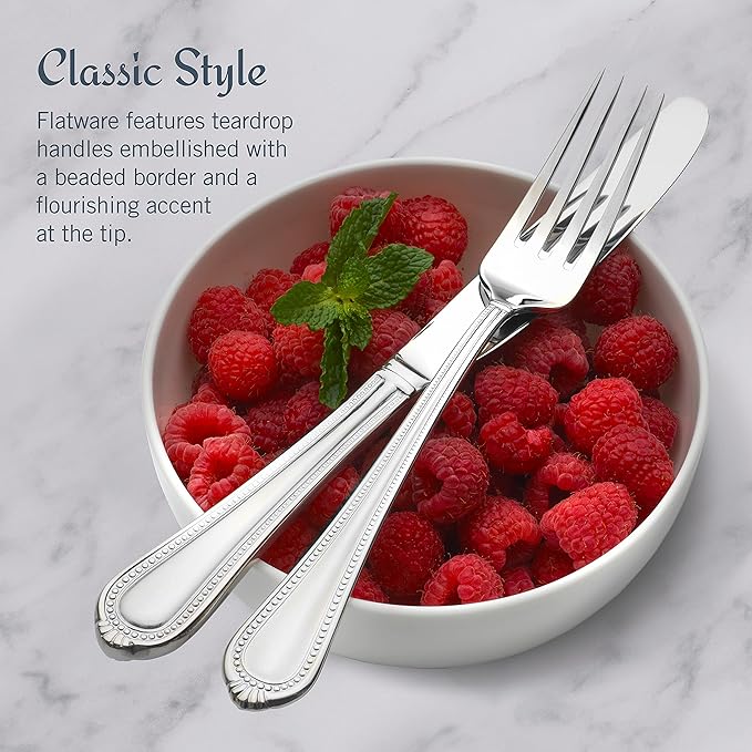 Mikasa Regent Bead 65-Piece Flatware Set for 12, 18/10 Stainless Steel Silverware with Full Service and Serving Utensils, Classic Beaded Edge Design