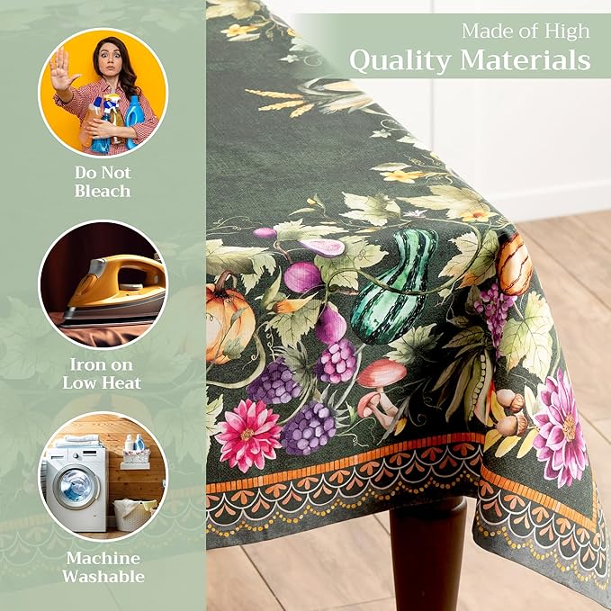 Maison d' Hermine Table Cloth Rectangle Table 100% Cotton 60 x 108 Inches Fall Tablecloth Reusable Everyday Use for Thanksgiving Christmas Decorations Dining Farmhouse (Pumpkin Garden - Dark Green)