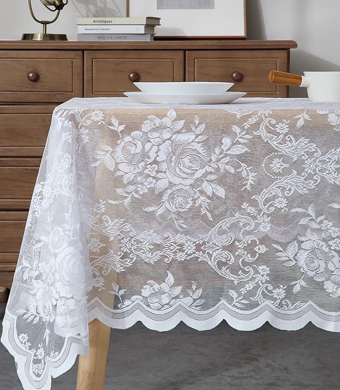 Warm Home Designs 60 x 120 Lace Tablecloth. White Rectangle Tablecloth with English Rose Design. Rectangular Tablecloth, Rustic Tablecloth or Dining Table Cover for 10-12 Guests. LTC White 120"