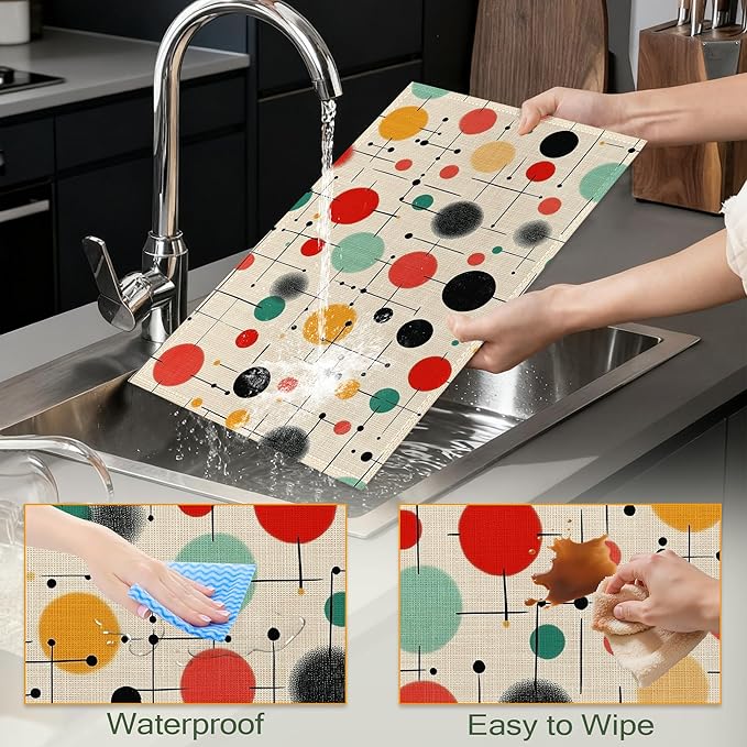 Mid Century Table Placemats Set of 6,Non-Slip Vintage Fabric Placemats for Dining Room Kitchen Party Holiday, Indoor Cloth Table Mats for Home Decor 11.8x17.7 Inch