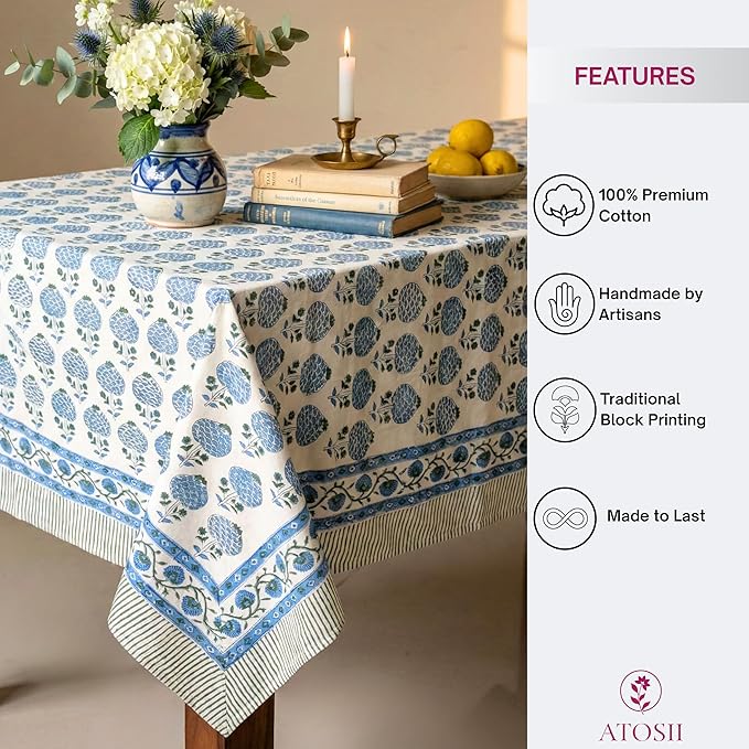 ATOSII Roma Blue 100% Cotton Boho Square Fall Tablecloth, Handblock Floral Print Table Cloth Linen for Kitchen Dining I Parties, Outdoors, Weddings, Christmas, Thanksgiving Decor 60 X 60 Inches