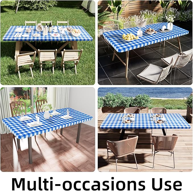 Smiry Rectangle Picnic Table Cloth, Elastic Waterproof Fitted Vinyl Tablecloths, Flannel Backed Buffalo Plaid Table Covers for Dining, Camping, Outdoor (White and Blue, 30" x 96")