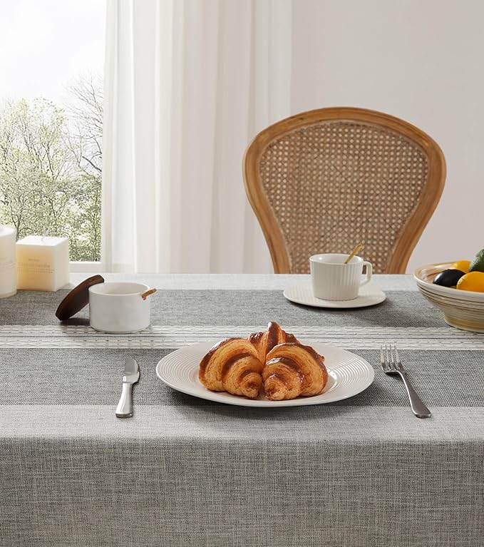 ZeeMart Contrast Linen Round Tablecloth 60 Inch Mid-Stripe Grey, Farmhouse Style Round Table Cloth Heavy Weight Grey Tablecloths, Water Resistant Burlap Table Cloths