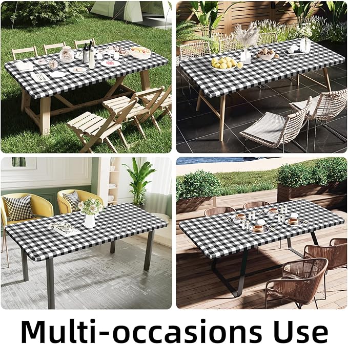 Smiry Rectangle Picnic Table Cloth, Elastic Waterproof Fitted Vinyl Tablecloths, Flannel Backed Buffalo Plaid Table Covers for Dining, Camping, Outdoor (Black and White, 36" x 96")