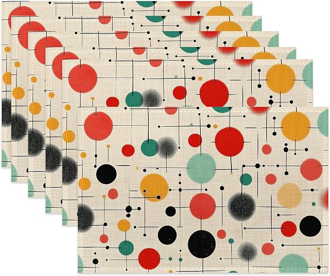 Mid Century Table Placemats Set of 6,Non-Slip Vintage Fabric Placemats for Dining Room Kitchen Party Holiday, Indoor Cloth Table Mats for Home Decor 11.8x17.7 Inch