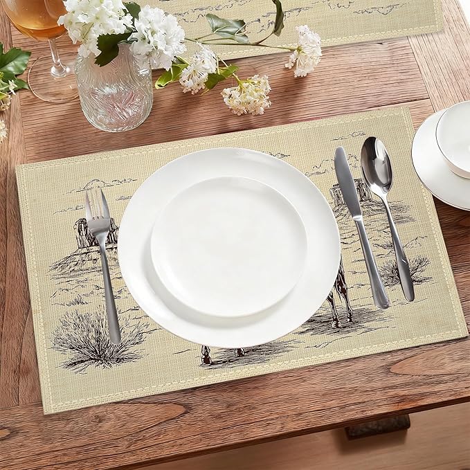 Cloth Placemats,Western Cow Boy Fabric Placemats Set of 6,Washable Retro Table Mats,Decorative Place Mats for Dining Home Kitchen Holiday Party 11.8x17.7 Inch