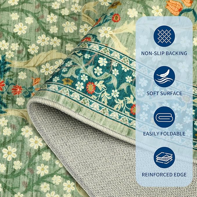 GarveeHome Floral Entryway Rug, 2x3 Washable Front Door Entry Throw Rugs Indoor, Non Slip Bathroom Small Rugs, Boho Thin Rug for Kitchen, Soft Carpet Mat for Bedroom Bathroom, Sage Green