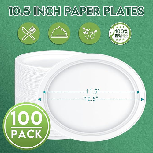 100% Compostable Oval Paper Plates 12 inch Bulk 100 Count, Heavy Duty Large Disposable Plates, Eco-Renewable Sugarcane Pulp Plates for Party,Dinner& Daily Use, White