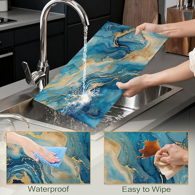 Blue Gold Marble Table Placemats Set of 6,Non-Slip Modern Abstract Fabric Placemats for Dining Room Kitchen Party Holiday, Indoor Cloth Table Mats for Home Decor 11.8x17.7 Inch