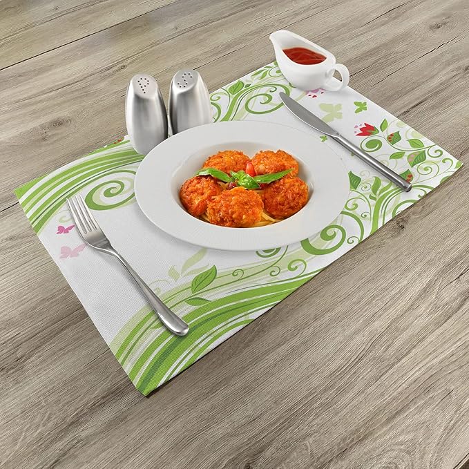Ambesonne Green Flower Place Mats Set of 4, Blossoming Abstract Elements Swirls Springtime Foliage Illustration, Washable Fabric Placemats for Dining Room Kitchen Table Decor, Lime Green Pink Red