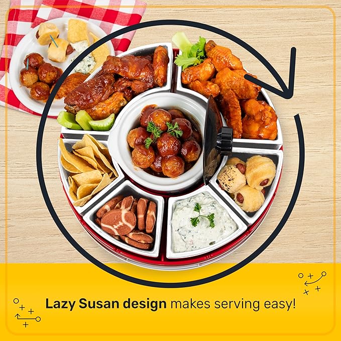 Nostalgia Gameday Heated Slow Cooker and Lazy Susan Serving Set for Parties, Fondue Pot for Dips and Nachos, Red/White