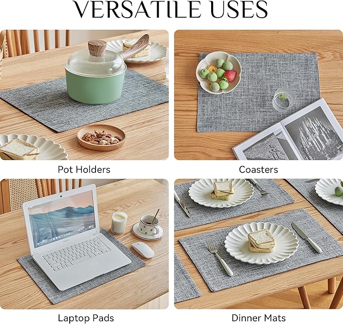 Softalker Faux Linen Placemats Set of 12-12 x 18 Inch, Heat Resistant Double Layered Durable Burlap Farmhouse Place Mats, Non-Slip Washable Rustic Table Mats for Dining, Kitchen, Party（Light Grey