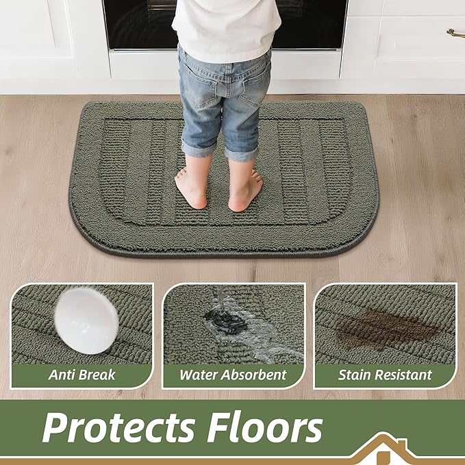 BEQHAUSE 30x18 Inch Kitchen Rug Mat Durable Kitchen Rugs Non-Slip Washable Absorbent Kitchen Mats for Floor Dirt-Resistant Semicircular Kitchen Mat (Green)