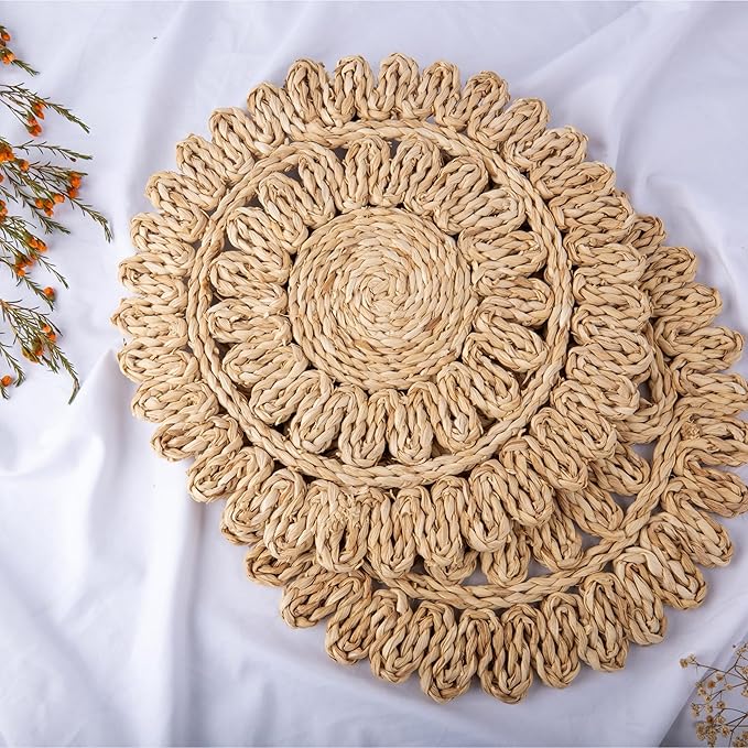 13.8" Corn Husk Woven Round Placemats Set of 6 - Wicker Boho Farmhouse Placemats - Rattan Table Mats for Dining Table, Wedding, Home