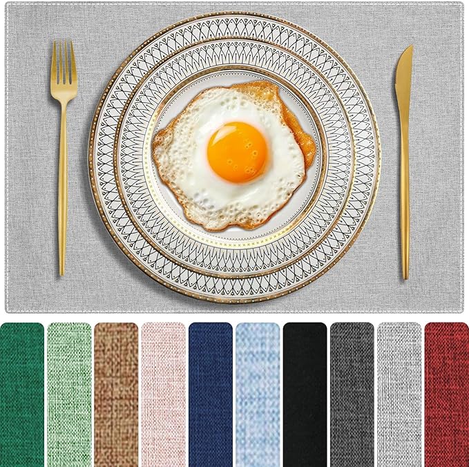 Cloth Placemats Set of 6, Cotton Linen Blend Machine Washable Double Layered Durable Place Mats Heat Resistant Placemats Wrinkle Free Thick Fabric Dining Table Mats (Light Grey, 6)
