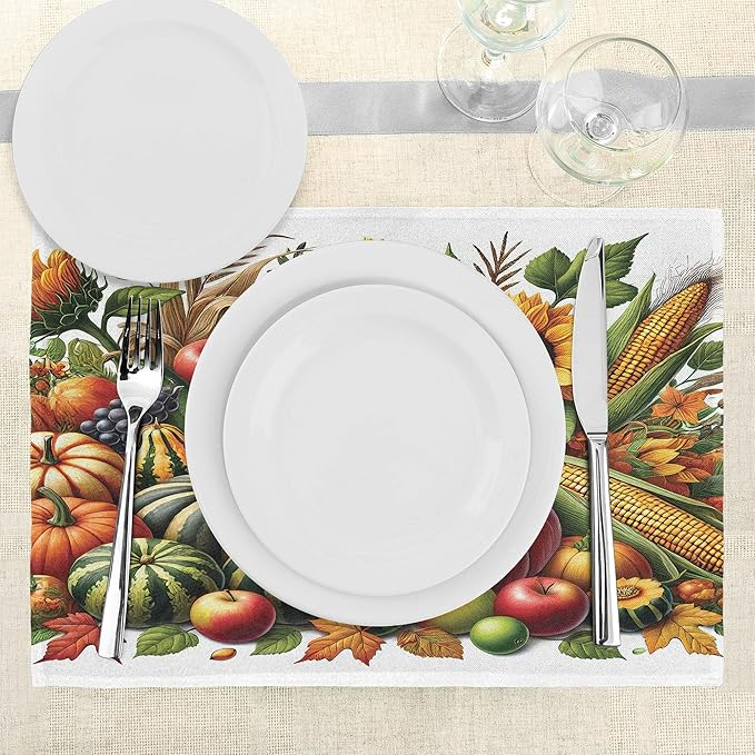 Ambesonne Fall Place Mats Set of 8, Pumpkins Apples and Sunflowers Harvest Time Composition Veggies Fruits, Washable Fabric Placemats for Dining Table, Placemat 8 pcs, Emerald Orange and Green