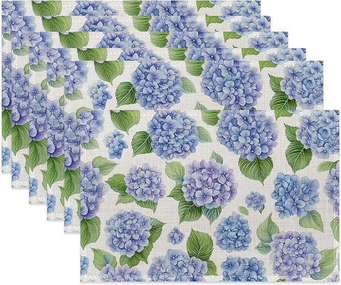 Blue Hydrangea Flower Fabric Placemats,Spring Floral Table Placemats Set of 6 Cloth Place Mats, Washable Heat-Resistant Table Mats for Home Kitchen Dining Room Decoration 11.8x17.7 Inch
