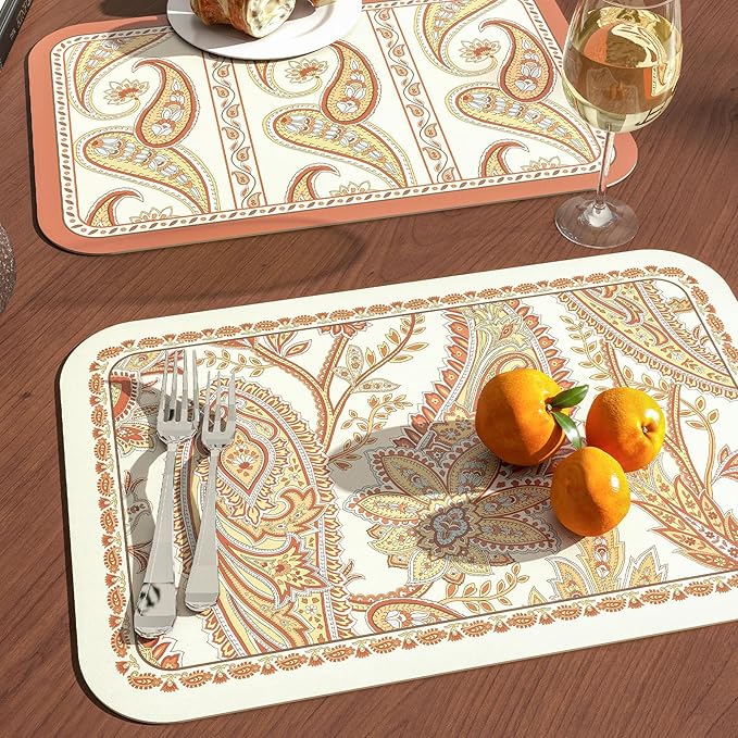 ISAENNE Designer Paisley PVC Placemats Set of 6,Classic Pattern Yelllow Rectangular Placemat, Waterproof and Heat-Resistant Paisley Style, Decoration for Kitchen, Party,Dinning,New Year,12"*17"