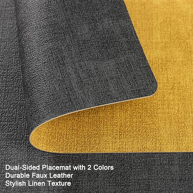 Myir JUN Dual Sided Placemats, Faux Leather Set of 4 for Dining Table Indoor Outdoor, Square Non-Slip Washable Table Mats (Gray Yellow)