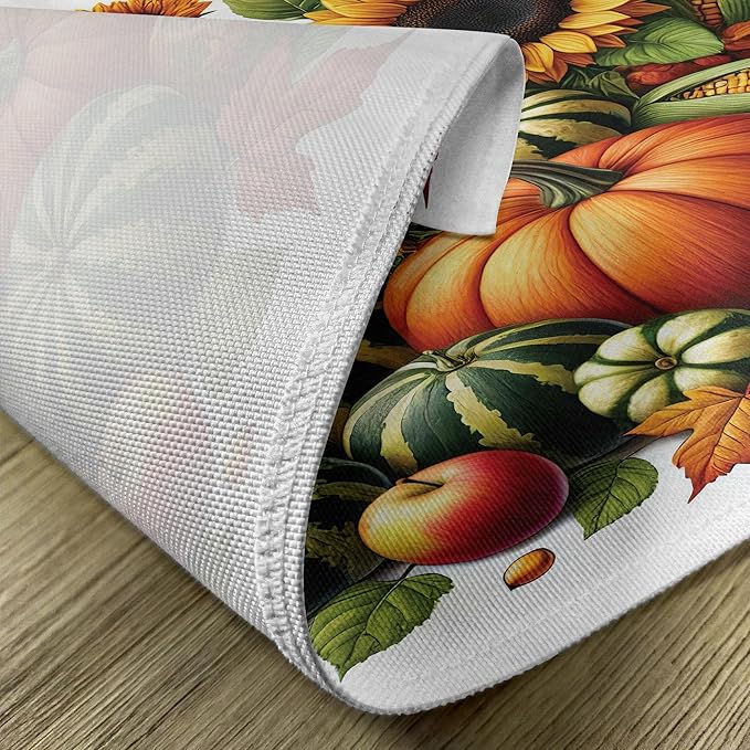 Ambesonne Fall Place Mats Set of 8, Pumpkins Apples and Sunflowers Harvest Time Composition Veggies Fruits, Washable Fabric Placemats for Dining Table, Placemat 8 pcs, Emerald Orange and Green