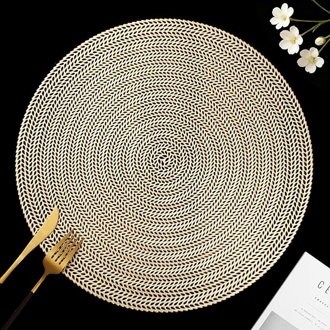 FAVE 10PCS Gold Vinyl Round Placemats, Wheat Sheaf Design 15 Inch Placemats Set of 10 Washable for Dining, Events, Banquet, Home & Daily Use (Gold Wheat,10pcs)