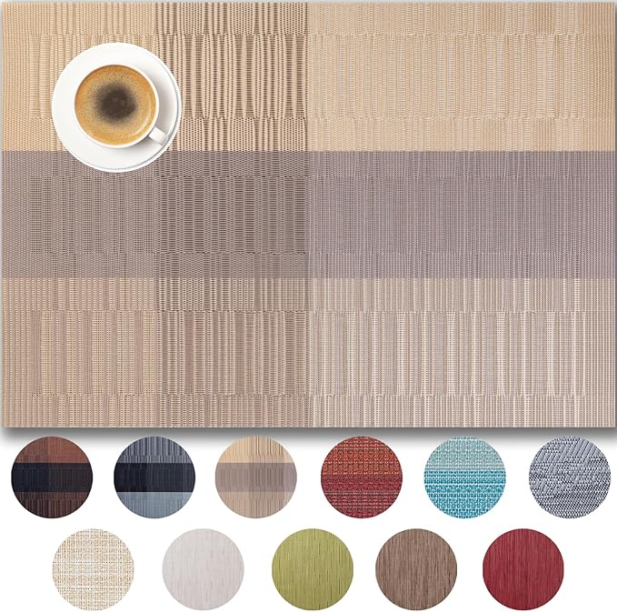 Placemats Set of 8 - Easy Clean Woven Vinyl Placemats for Dining Table, Indoor/Outdoor Place Mats, Washable PVC Table Mats （Gold Dune）