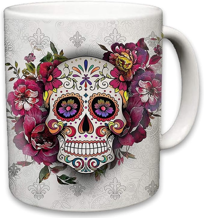 Sweet Gisele Sugar Skull Ceramic Mug, Floral Print Coffee Cup, Day of the Dead Design, Beautiful Vivid Colors, Great Novelty Gifts 11 Fl Oz White