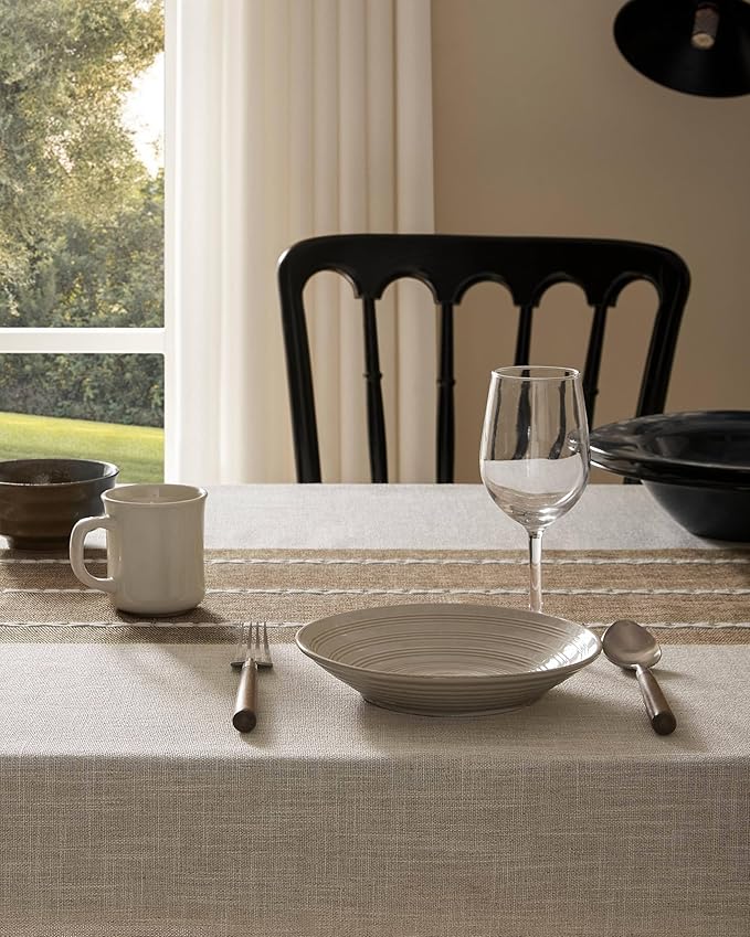 ZeeMart Contrast Linen Table Cloth Rectangle Table Cloths 60x84 Inch Brown, Farmhouse Style Heavy Weight Beige Tablecloth, Water Resistant Burlap Tablecloths