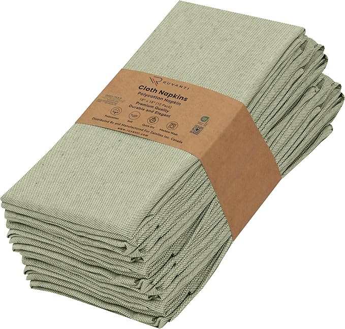 Ruvanti Cloth Napkins Set of 12, 18x18 Reusable Napkins Cloth Washable, Soft & Durable Table Napkin, Poly Cotton Fabric Dinner Napkins for Parties, Christmas, Thanksgiving, Weddings - Olive Branch