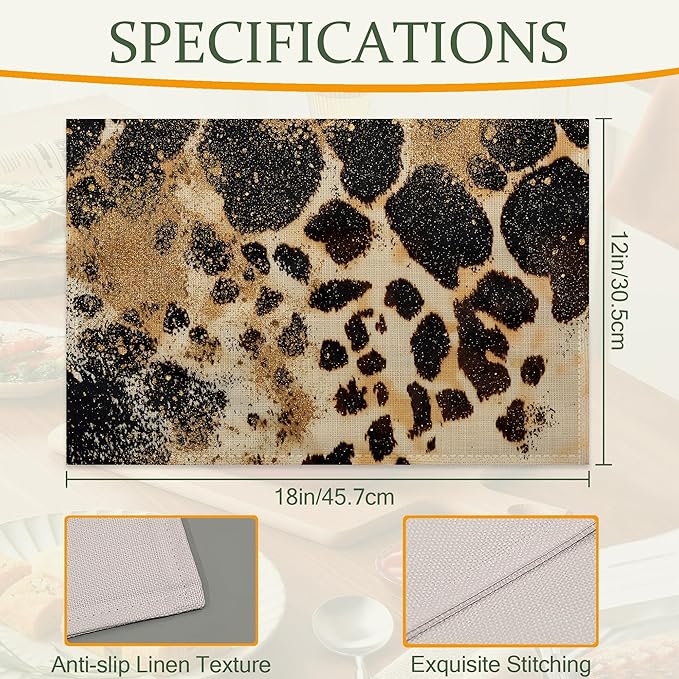Vintage Leopard Print Fabric Placemats,Gold Glitter Table Placemats Set of 6 Cloth Place Mats, Washable Heat-Resistant Table Mats for Home Kitchen Dining Room Decoration 11.8x17.7 Inch