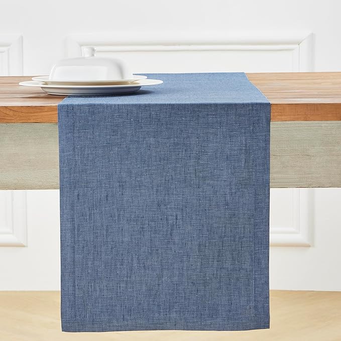 Solino Home Linen Table Runner 108 Inches Long - Athena, 100% Pure Linen Blue Denim Dining Table Runner 14 x 108 Inch for Winter, Spring, Easter