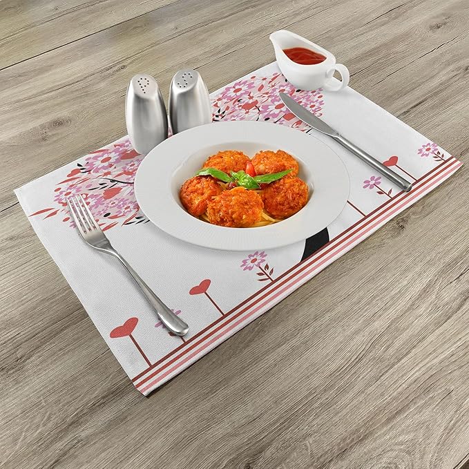 Ambesonne Valentine Place Mats Set of 8, Heart Shaped Tree Daisies Wildflowers Red Leaves Forest Romance Season Image, Washable Fabric Placemats for Dining Table, Placemat 8 pcs, Pink Red